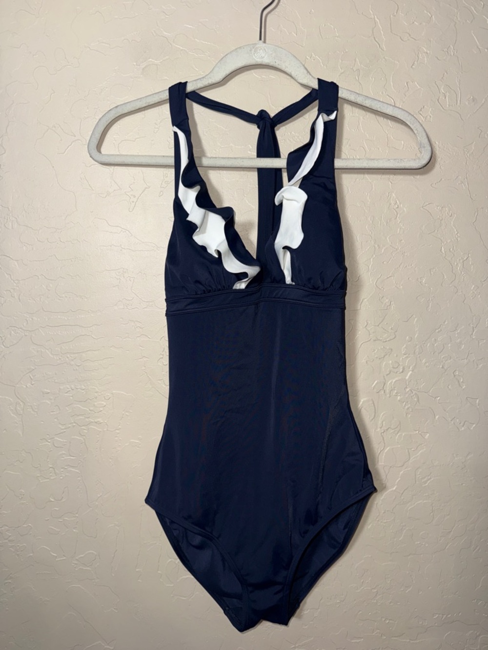 Boden nautical blue and white ruffle halter tie one piece swimsuit size 4